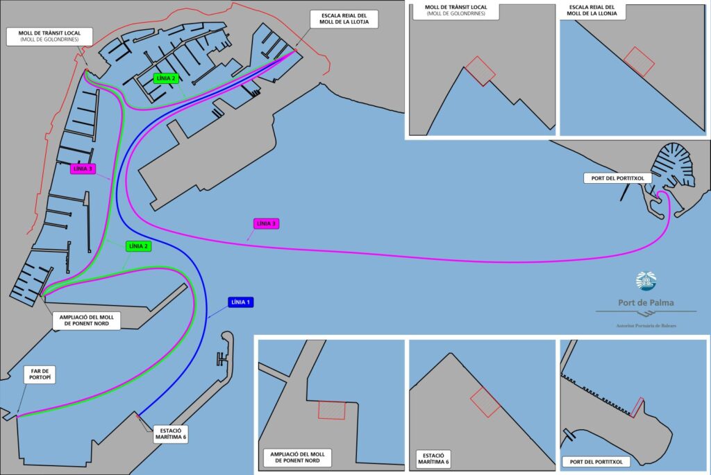 Kaart met de voorgestelde routes van de elektrische waterbus tussen Portopí en Portitxol in de haven van Palma