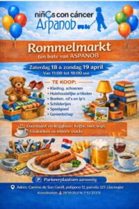 Affiche van de rommelmarkt op Finca Alegre in Llucmajor, waarvan de opbrengst volledig naar Aspanob gaat.